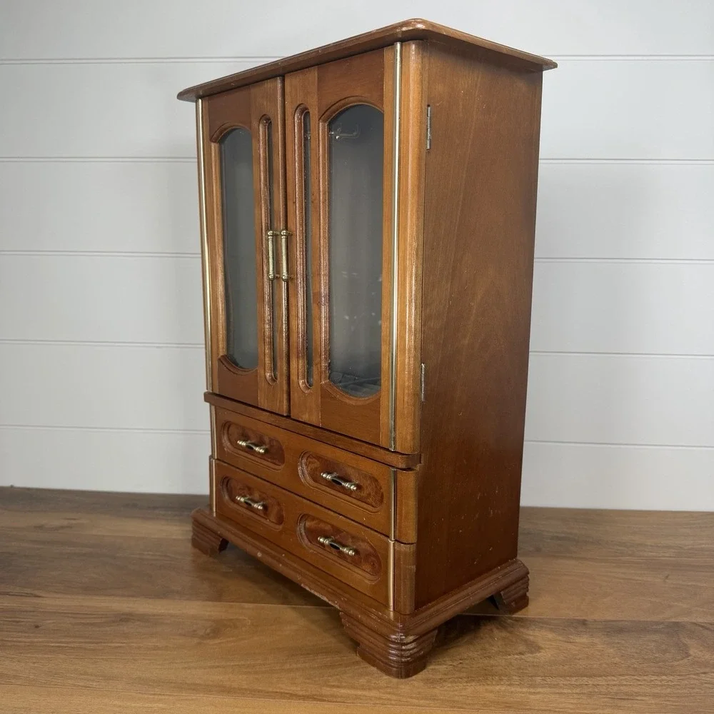 VTG Wood 2 Door Jewelry Box Armoire Cabinet w Mirror Drawers Organizer 18